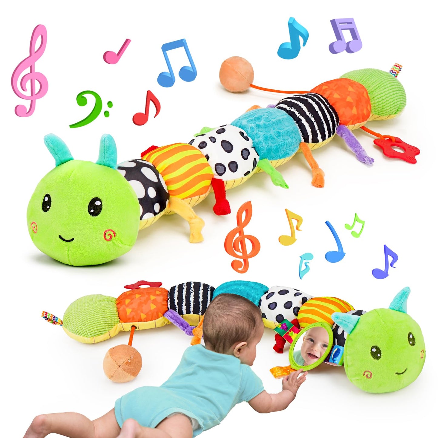 Baby Sensory Toy 0-6 Month Music Animal Stuffed Plush Caterpillar Toy for Infant 0-3-6 Month Tummy Time with Baby Mirror Crinkle Rattle for 6-12 Month Carseat Toys for Newborn Boys Girls Shower Gifts