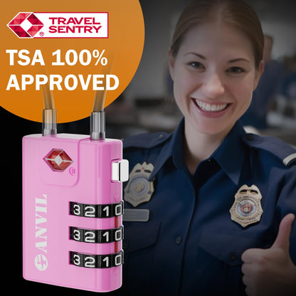 ANVIL TSA Approved Cable Luggage Locks 3 Digit Combination Padlock with Zinc Alloy Steel Cable Lock Ideal for Travel Suitcase, Backpack, Lockers,Case,Toolbox (2, Pink)