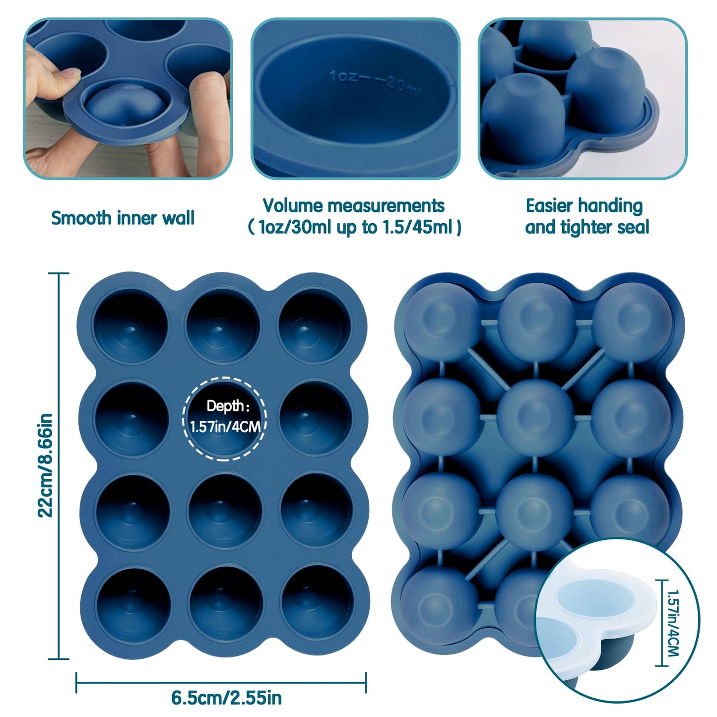 HIWOOD Baby Food Storage - 12 x 1.5OZ Silicone Freezer Tray with Lid, Containers for Homemade Purees - Midnight Blue