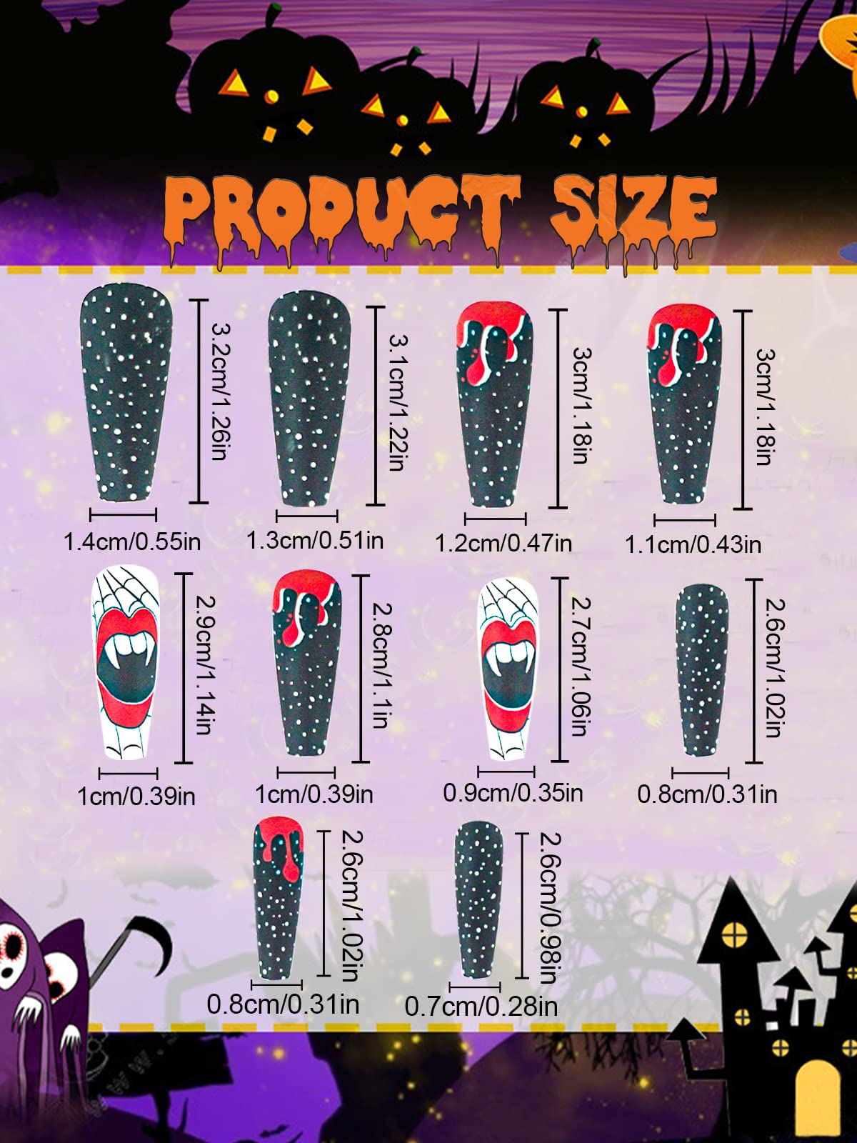 96 Pcs Halloween Press on Nails, Wsimily Halloween Long Coffin Acrylic Artificial False Nails Fake Nail with 96 Pcs Nail Adhesive Tabs, Pumpkin Spider Bat Design for Women Girl Nail Art Decoration