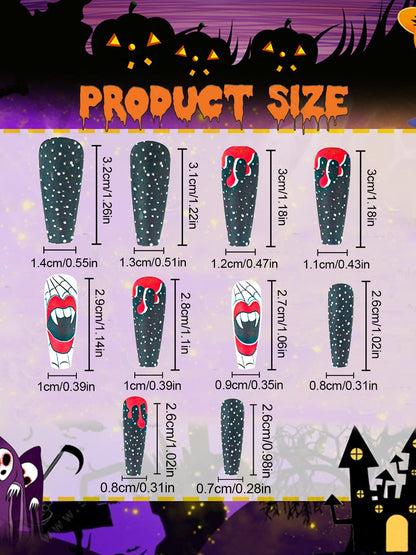 96 Pcs Halloween Press on Nails, Wsimily Halloween Long Coffin Acrylic Artificial False Nails Fake Nail with 96 Pcs Nail Adhesive Tabs, Pumpkin Spider Bat Design for Women Girl Nail Art Decoration
