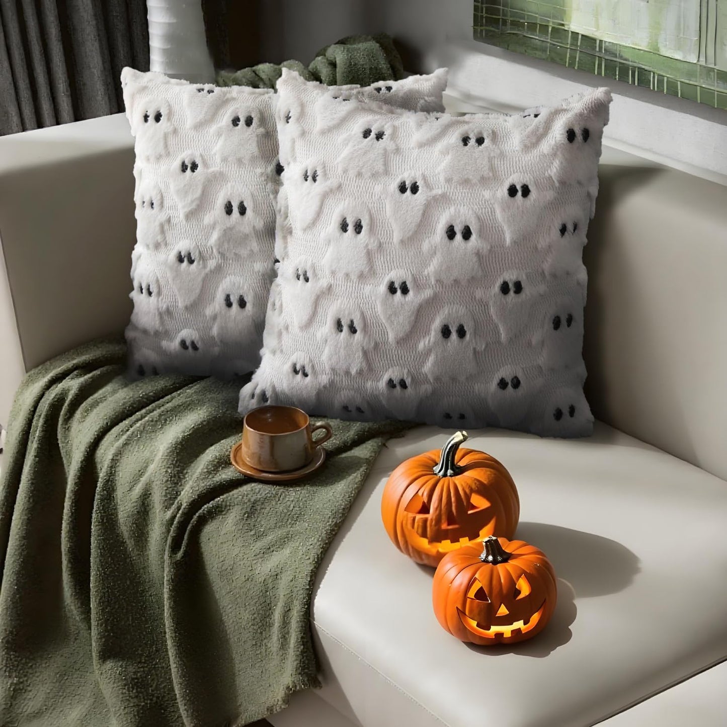 4 Pcs Halloween Throw Pillow Covers 18x18, Soft Faux Fur Pillow Cases Decorations, Fluffy Plush Accent Couch Cushion Case for Halloween Chair Sofa Bedroom Living Room Home Decor(Ghost A)