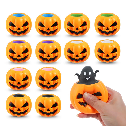 BILLMOSS Halloween Pumpkin Squishy Toys - 12PCS 6 Colors Stress Relief Ghost Toy for Trick or Treat Party Suppliers Party Favors Halloween Goodie Bag Fillers for Kids Adults