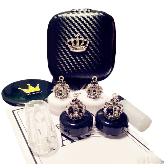 HUNWEY 2 pack- Fashion Contact Lens Case Cute Crown Black White Leak Proof - Portable Box Kit with Mirror (2 pack - Crown)