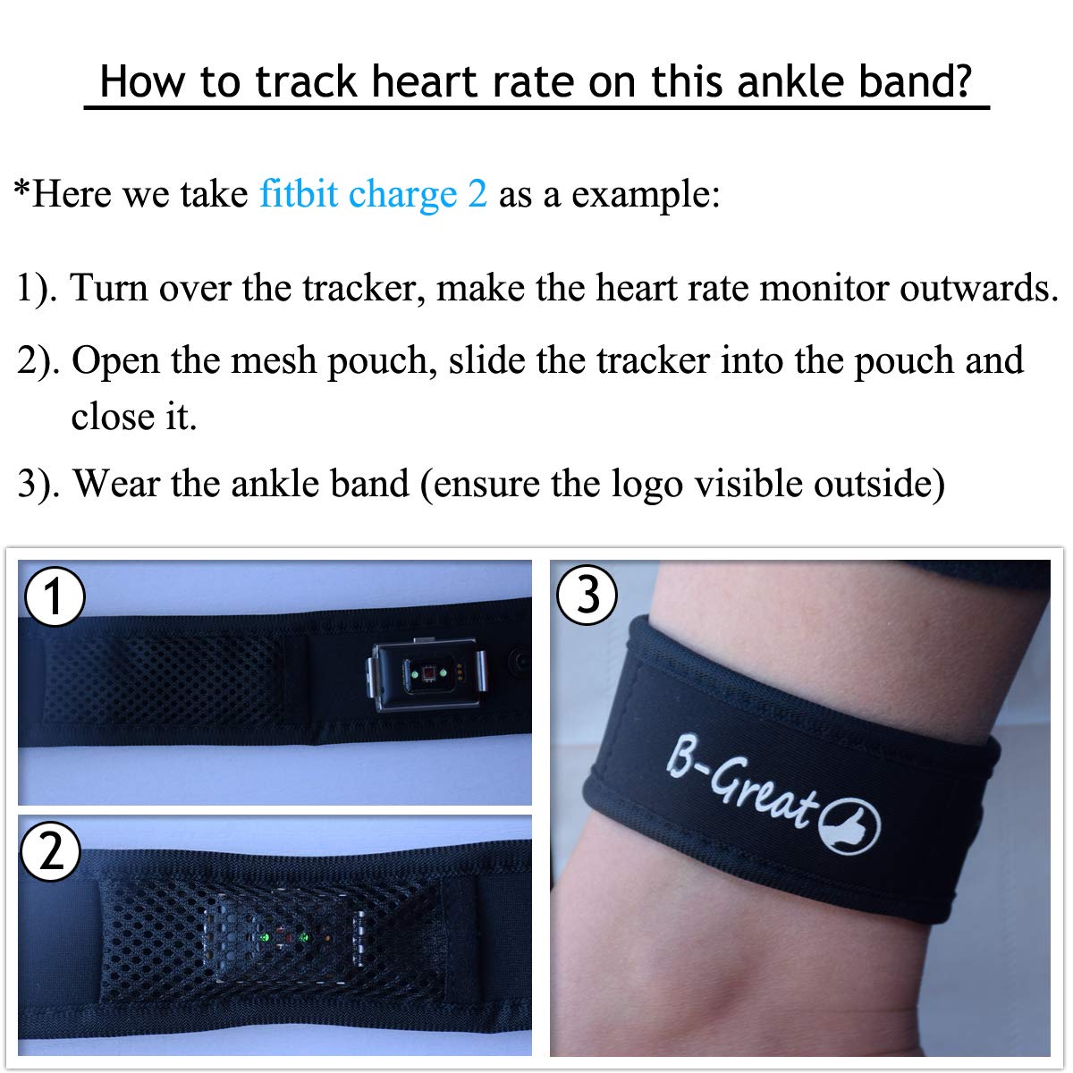 B-Great Ankle Band for Men and Women Compatible with Fitbit Flex 2/One/Zip/Charge 2/Alta HR or Garmin Vivofit/2/3/4/JR Fitness Tracker (Black, Medium)