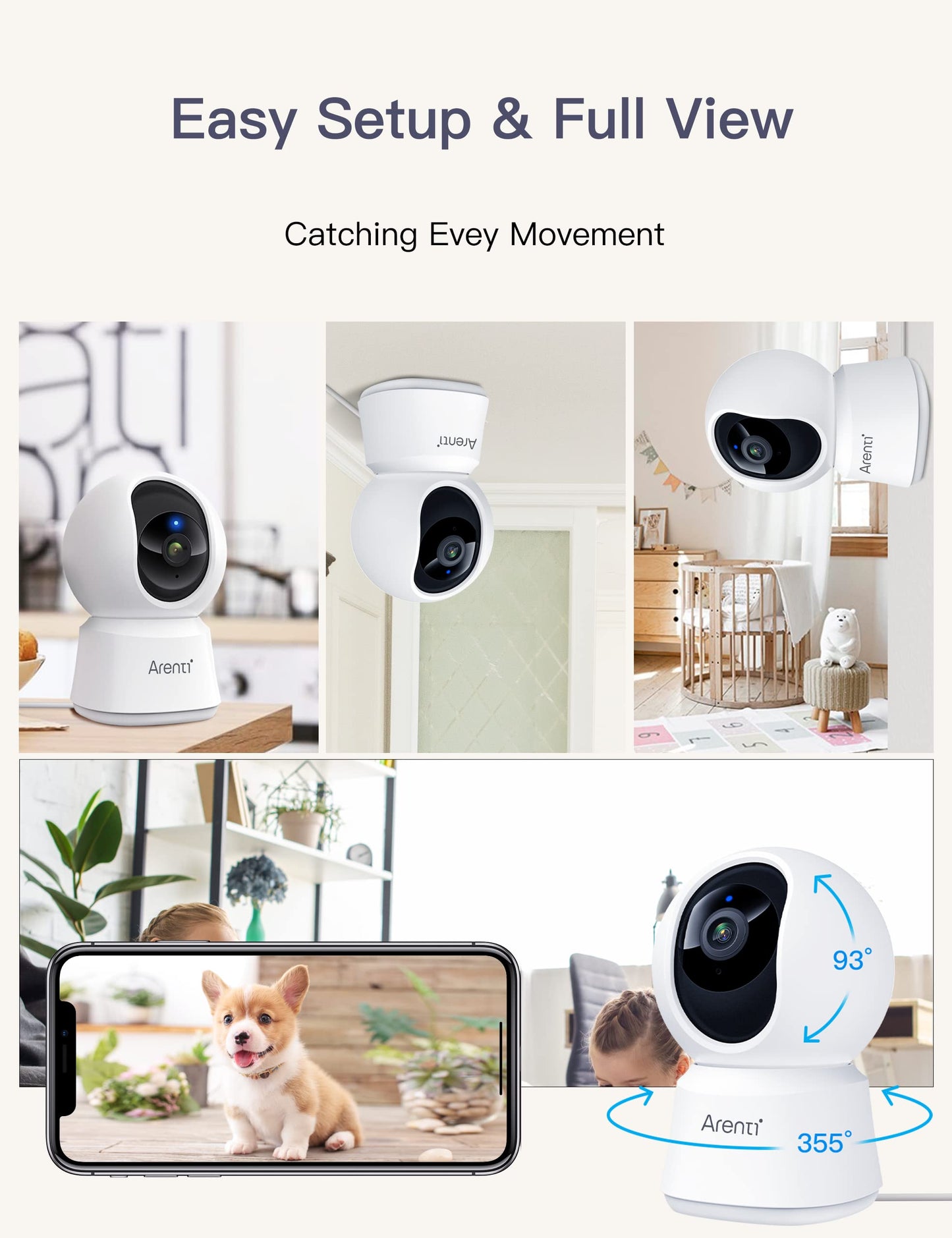 ARENTI 5G Security Camera Indoor, 4MP Pet Camera with Speaker for Dog/Cat, Baby Monitor with Phone App, Dual-Band WiFi, Auto Tracking, Super Night Vision, 2-Way Talk, Cloud & SD Card Storage