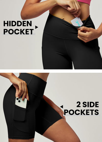 IUGA Biker Shorts Women 6" Tummy Control Workout Shorts Women with Pockets High Waisted Yoga Running Gym Spandex Compression Black