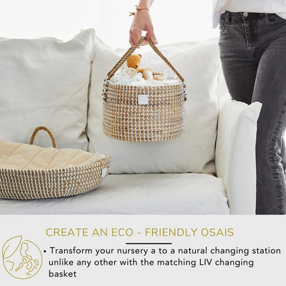 BEBE BASK Premium Baby Diaper Caddy Organizer - Handmade - Seagrass Basket With Cotton Divider - Award-Winning & Luxury Diaper Caddy Basket - White (NATURAL)