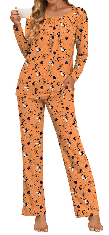 Anymeet Soft Fall Long Pajama Set Sleeve Two Piece for Women Fit Lounge Sleepwear Ladies Pjs Sets Yellow Halloween Elements Plus Size 3X-Large