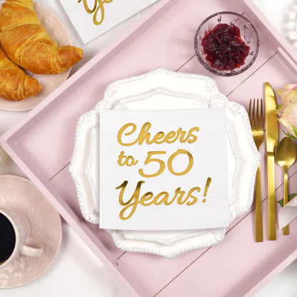 50th Birthday Decorations Men Women Party Supplies Cocktail Napkins Disposable 50th Birthday Wedding Anniversary Party Napkins Paper Beverage Napkins 50 Pack,5"x 5",Cheers to 50 Years White and Gold