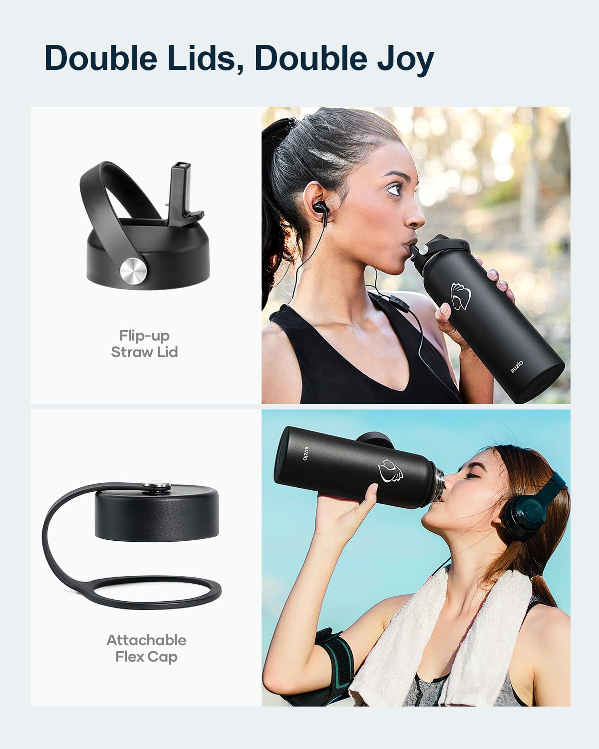 BUZIO 1180ml Insulated Water Bottle with Straw Lid and Flex Cap, 40oz Stainless Steel Drinking Bottle (Keep Cold 48 Hrs/Hot 24 Hrs) Metal Flask Leakproof Wide Mouth Thermo Canteen for Sports, Black