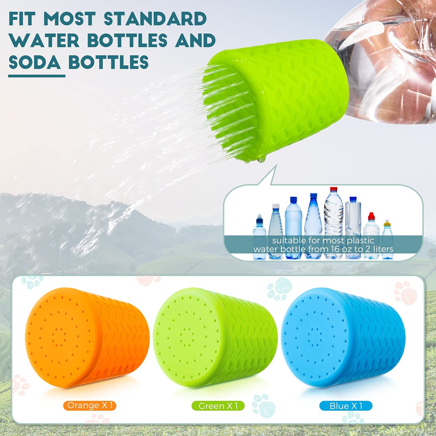 3 Pieces Portable Outdoor Shower for Dogs, Bottle Attachment Outdoor Water Sprayer Accessory, Works with Most Plastic Water or Soda Bottles from 16 oz to 2 Liters (Sky Blue, Light Green, Orange)