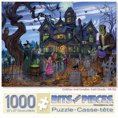Bits and Pieces – 1000 Piece Jigsaw Puzzle for Adults – Goblins and Goodies and Ghouls - Oh My - Haunted House Halloween Trick or Treat Jigsaw Puzzle by Artist K. Sean Sulivan
