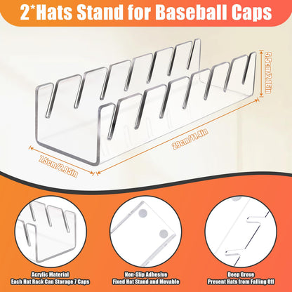 Hat Stand for Baseball Caps, 2 Pack No Install Acrylic Hat Organizer for 14 Baseball Caps Storage Organizer, Hat Racks Hat Holder Display and Organization for Closet, Bedroom, Dresser (Clear-2Pack)