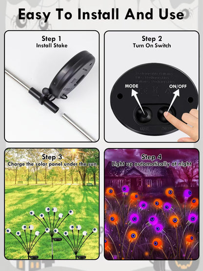 6 Pack Halloween Decorations Outdoor Solar Eyeball Lights, Purple and Orange Scary Eyeball Swaying Firefly Lights with 2 Modes, Waterproof Halloween Pathway Lights for Yard Garden Lawn Party Decor