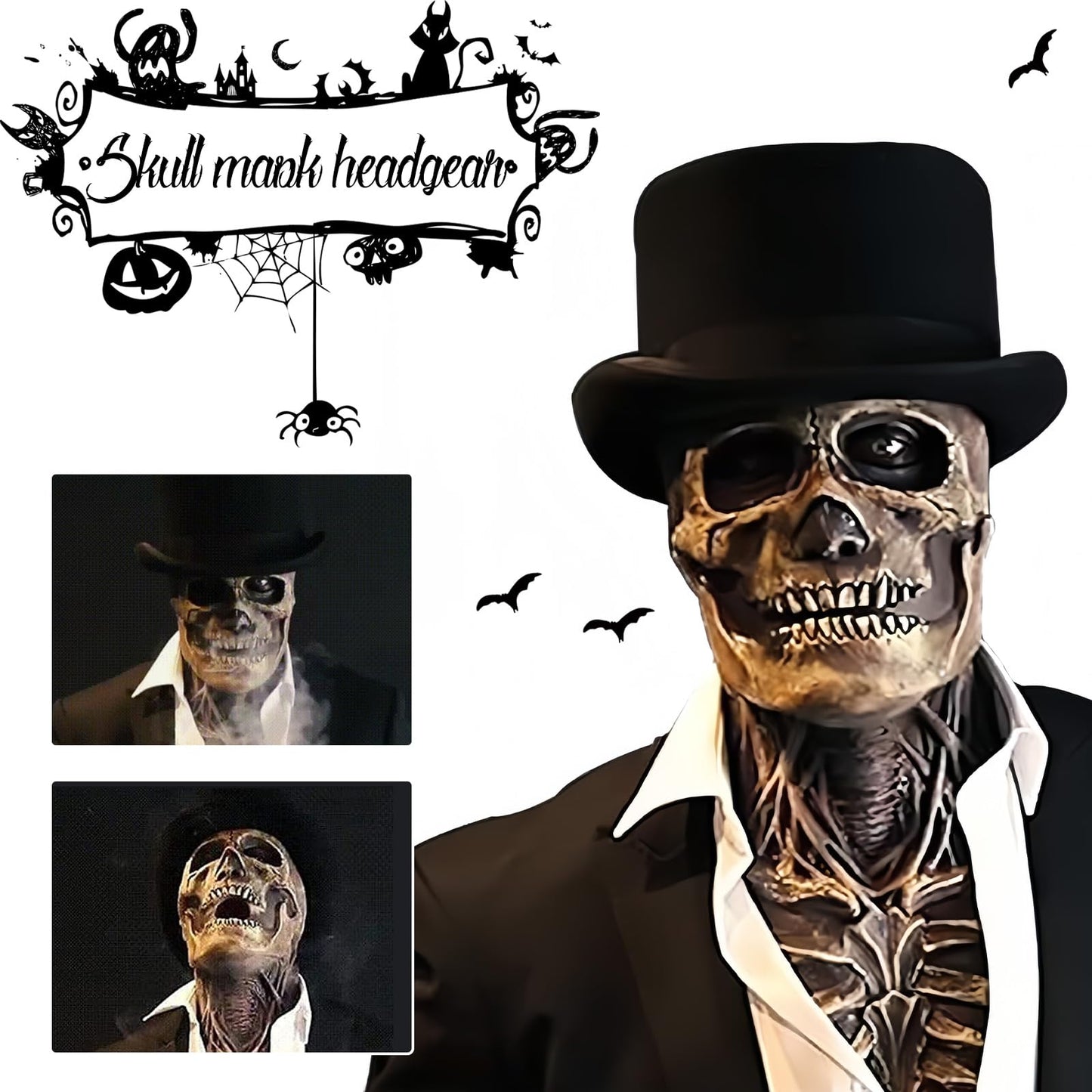 AUSTUFF Halloween Skull Mask,Scary Full Head Horror Mask with Movable Jaw, Scary Realistic Latex Helmet Cosplay Party Props (a mask and a hat)