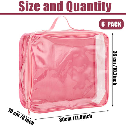 6 Pieces Large Clear Travel Packing Cube Clear Vinyl Zippered Storage Bags See Through Moving Bag PVC Multipurpose Pouch with Handle for Suitcase Shirts Dress Storage (Pink,11.8 x 10.2 x 3.9 Inch)