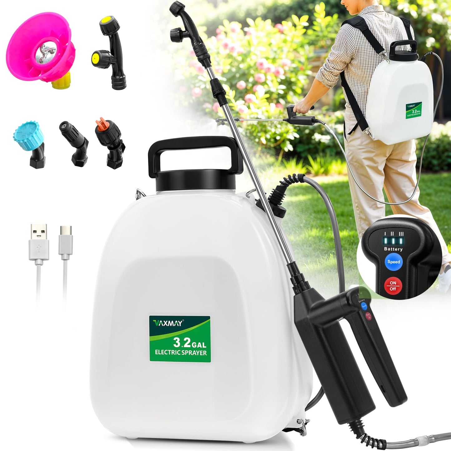 Battery Powered Sprayer 3.2 Gallon, VAXMAY Backpack Sprayer with 3 Adjustable Speeds, Battery Indicator, 5 Mist Nozzles, 41" Retractable Wand, USB Rechargeable Weed Sprayer for Lawn Garden Yard