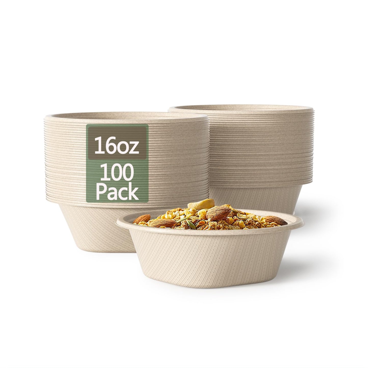 Homestockplus 16 Oz Disposable Paper Bowls - Heavy Duty Small Disposable Bowls - Made from Natural Bagasse for Cereal, Rice, French Fries - Convenient and Compostable [100/Pack]
