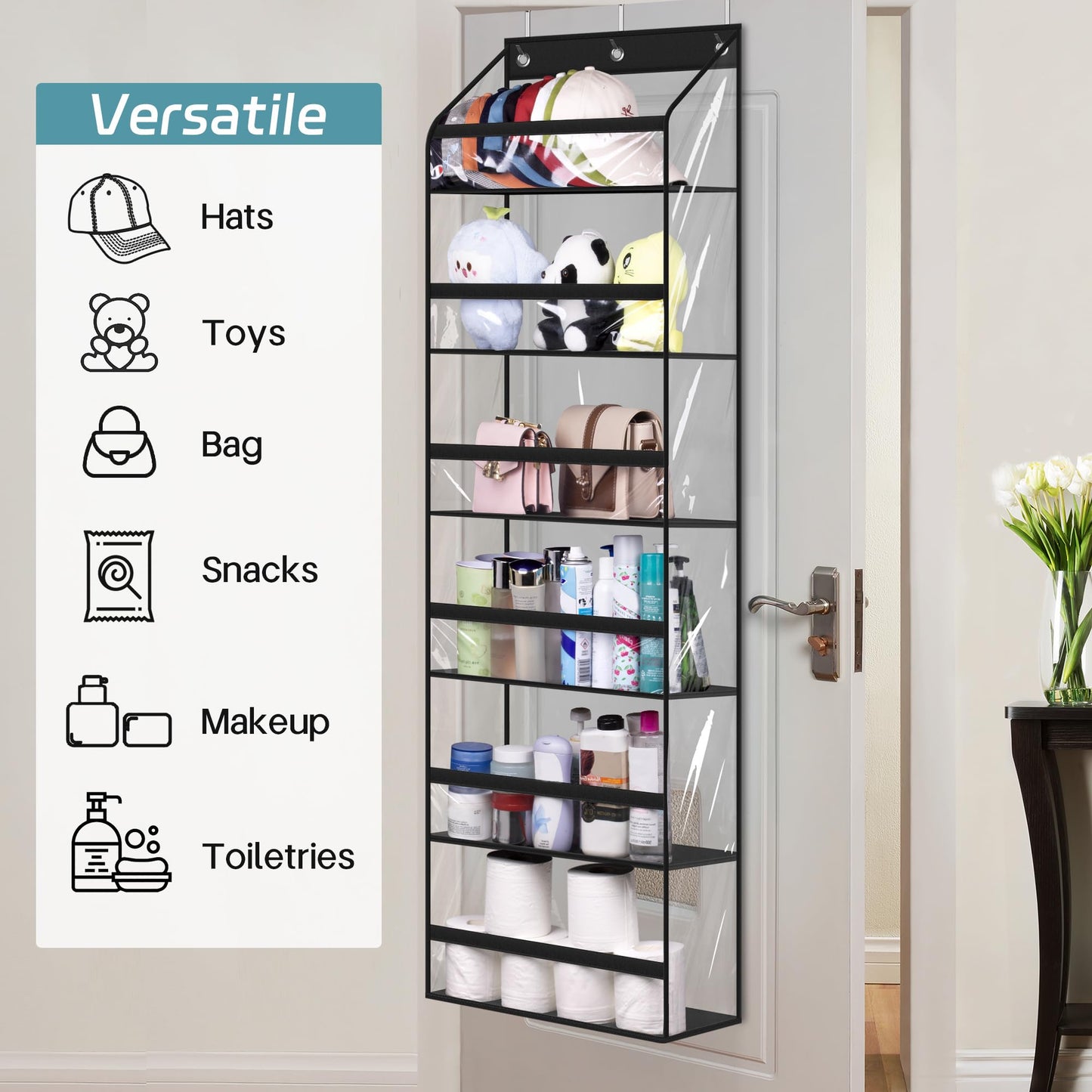 AOODA Clear Over The Door Hat Racks for Baseball Caps, Large Holds up to 72 Caps Hat Storage Organizer for Closet Wall, Deep Pockets Hanging Hat Holder with 3 Hooks, Black