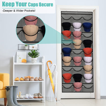 27 Pockets Hat Rack For Baseball Caps Hanging Hat Organizer Over The Door Hat Storage Organizer For Closet Wall With Large Clear Pockets & 3 Hooks Caps Hat Holder Hanger for Baseball & Sport Caps