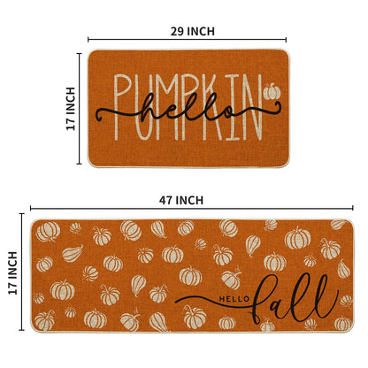 Artoid Mode Orange Hello Pumpkin Fall Kitchen Mats Set of 2, Autumn Home Decor Low-Profile Kitchen Rugs for Floor - 17x29 and 17x47 Inch