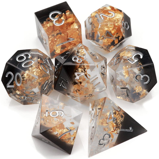 Haxtec DND Dice Set Black Sharp Edge Resin Dice Gold Flakes with Dice Case Black White Gold D&D Dice for RPG Role Playing Games Dungeons and Dragons Gift War Series