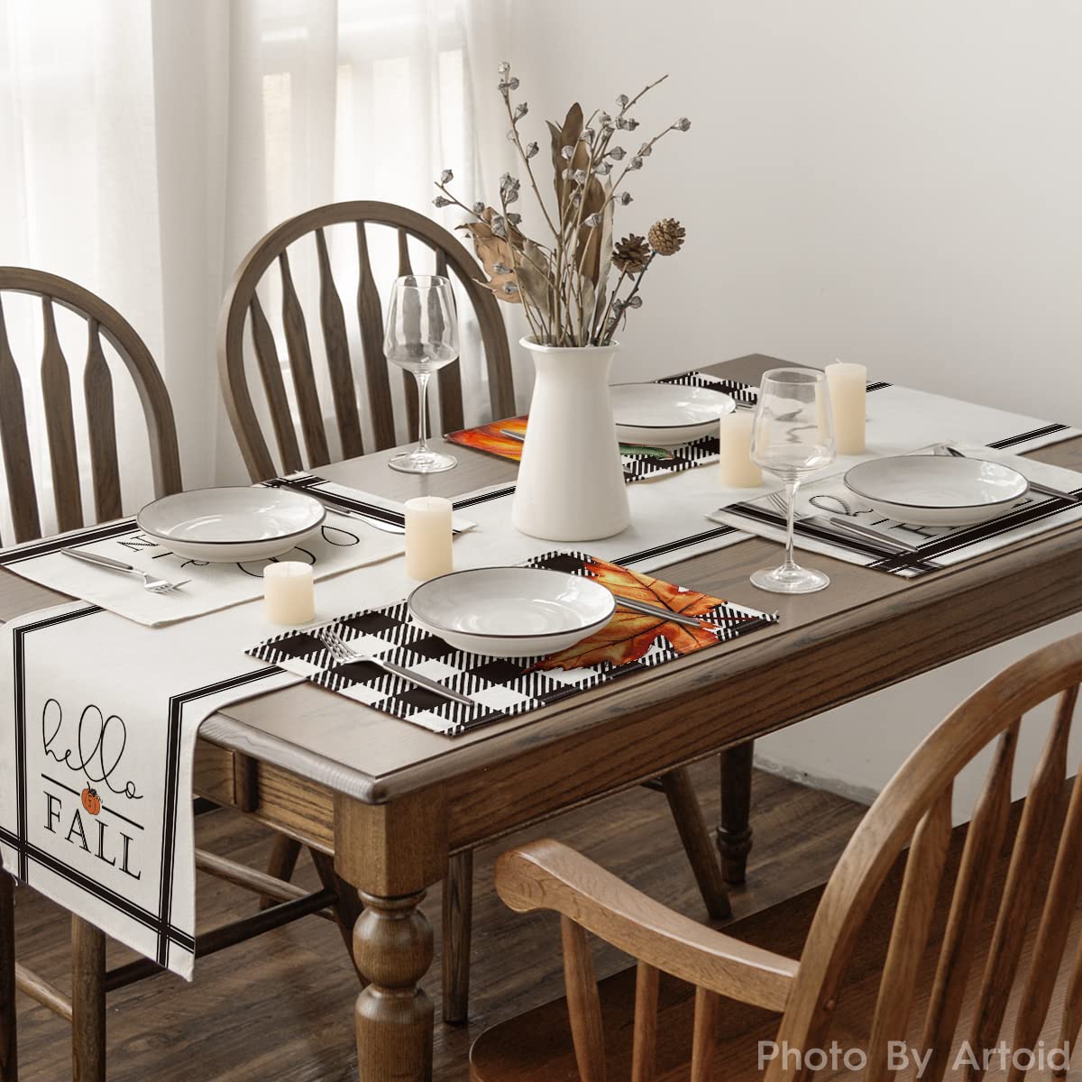 Artoid Mode Hello Fall Pumpkin Maple Leaves Buffalo Plaid Placemats for Dining Table, 12 x 18 Inch Seasonal Harvest Holiday Rustic Vintage Thanksgiving Washable Table Mats Set of 4