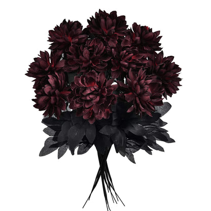Artflower 10 Pack Artificial Silk Dahlia Bouquet with Long Stem, 16” Wine Red Fake Flower Floral Arrangements Wedding Bridal Bouquet for Halloween Harvest Festival Table Centerpieces Home Decor