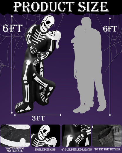 6 Ft Halloween Inflatable Skeleton Couple Embrace Kiss Outdoor Decoration with LED Lights, Day of The Dead Blow Up Skull Yard Decor Halloween Skeletons Inflatable for Holiday Party, Garden, Lawn