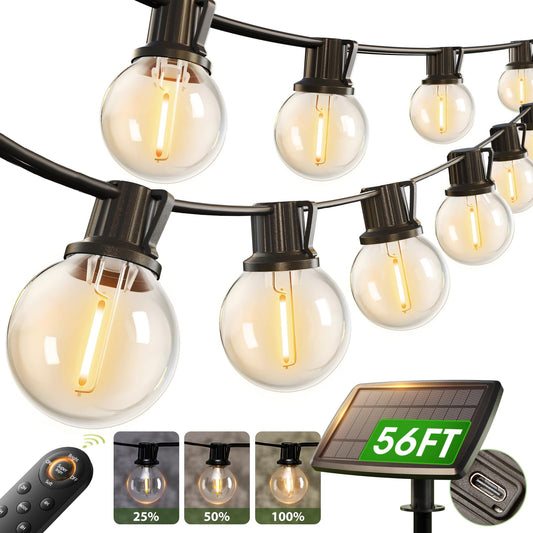 addlon 56FT(50+6) Solar String Lights Outdoor with Remote, 27 Shatterproof G40 Bulbs, Solar Powered & USB Charging Patio Lights, Dimmable Waterproof Solar String Lights for Outside, Camping, Backyard
