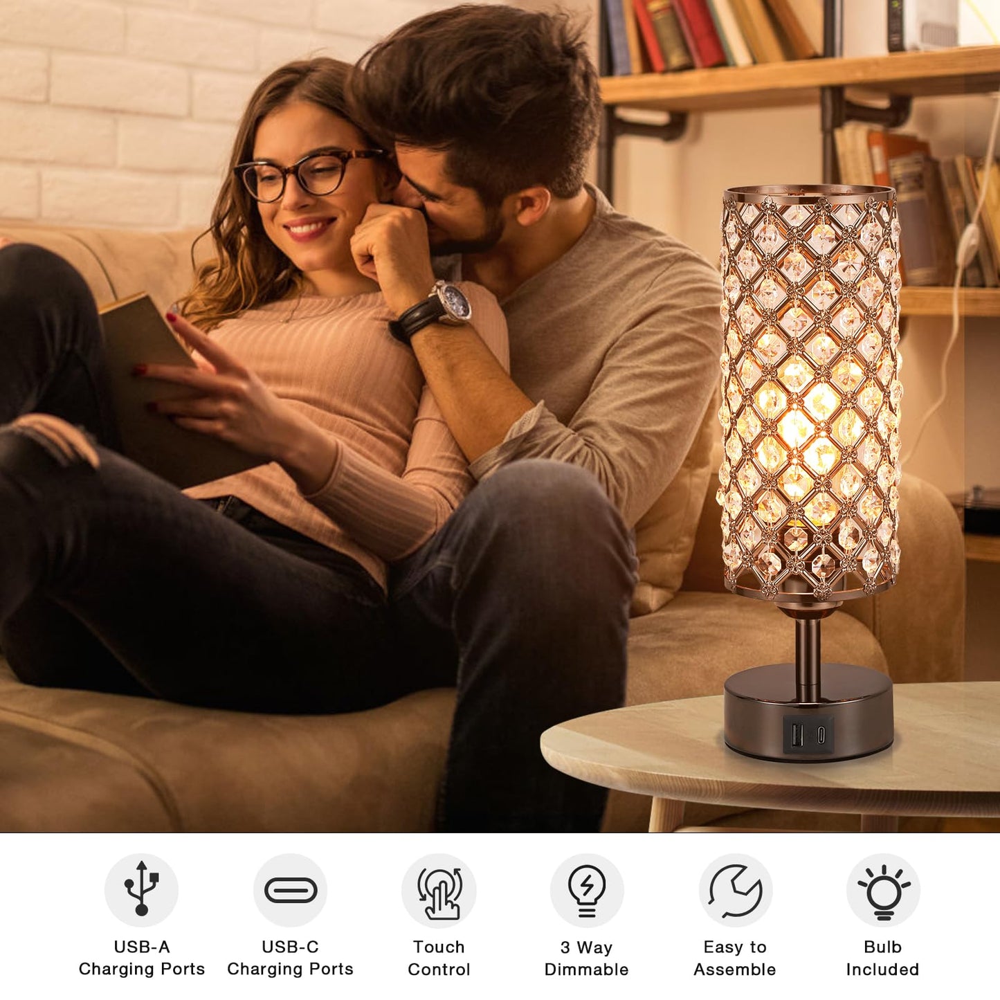 Hong-in Crystal Table Lamp,Black Lamp with USB C+A Ports, 3 Way Dimmable Light with Crystal Lampshade, Bedside Lamp Small Touch Light for Living Room Bedroom, Charge Phone (Bulb Included)