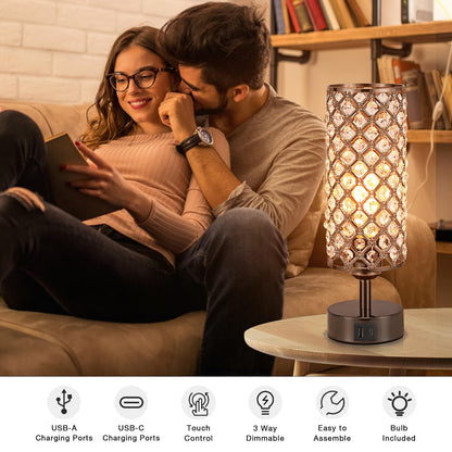 Hong-in Crystal Table Lamp,Black Lamp with USB C+A Ports, 3 Way Dimmable Light with Crystal Lampshade, Bedside Lamp Small Touch Light for Living Room Bedroom, Charge Phone (Bulb Included)