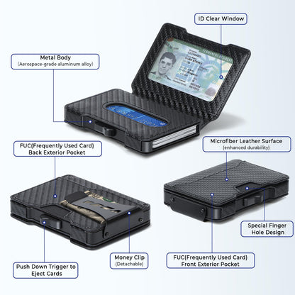 BESSIO Slim Wallet for Men - Minimalist Mens Wallet with Money Clip, Aluminum Pop Up Card Case and Leather Slots Credit Card Holder RFID Blocking Wallet for Men with Gift Box (Carbon Fiber)