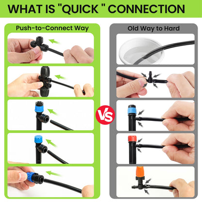 Bonviee Drip Irrigation System, 230FT Garden Watering System with Quick-to-Connect Fittings, Adjustable Drip Emitters, 1/4” & 5/16” Tubing, Drip Irrigation Kit for Raised Garden Beds, Greenhouse, Lawn