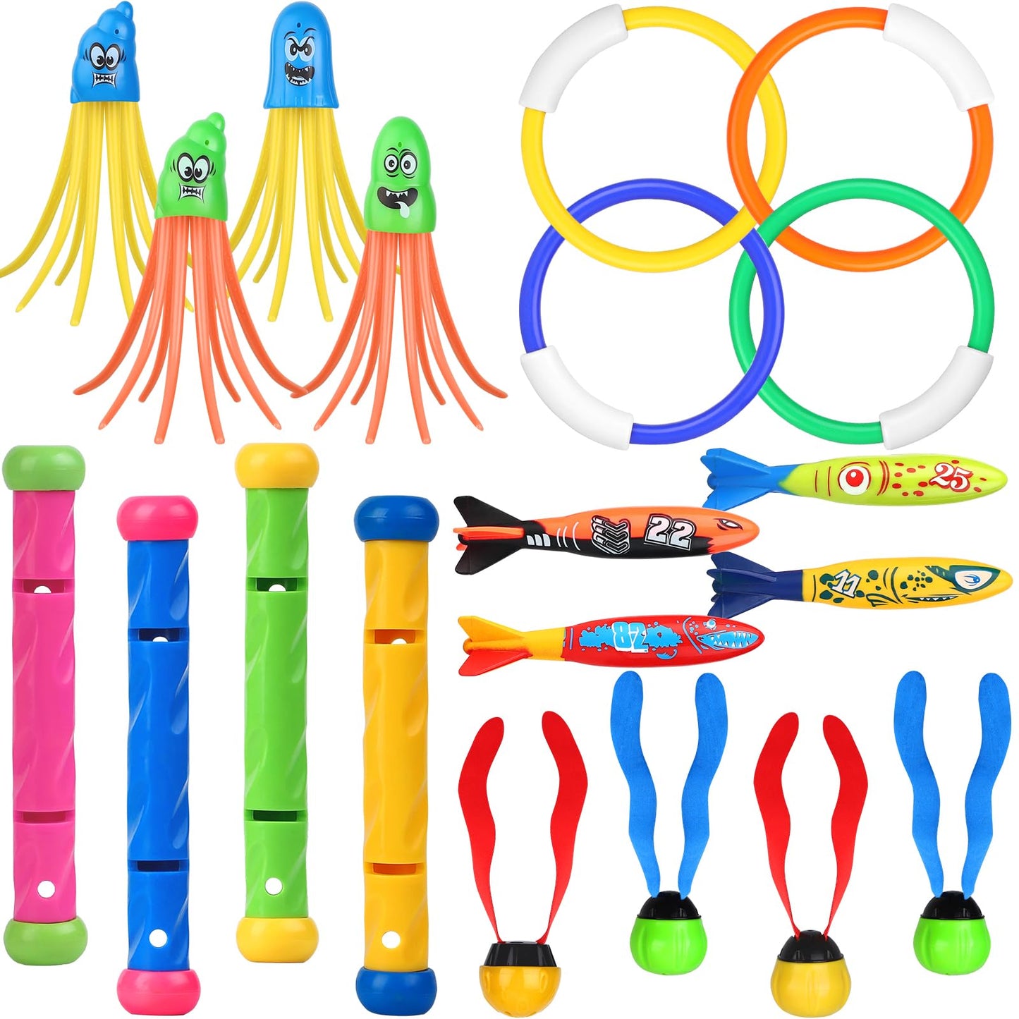 Cakuni Underwater Swim Pool Diving Toys - Summer Swimming Dive Toy Sets - Water Rings,Sticks,Octopus,Torpedo Bandits & Balls for Kids