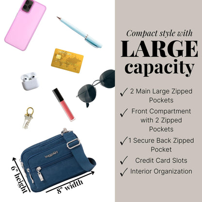 Baggallini Triple Zip Crossbody Bag for Women - Convertible Crossbody Fanny Pack Belt Bag - Lightweight Water-Resistant