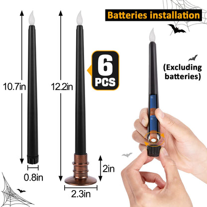 Alphatool 6 Packs Halloween Black LED Flameless Candles with Bases - Flicker Flame, Tall Taper Smokeless Dripless Candles, Decor for Fireplace Diningtable Bar School