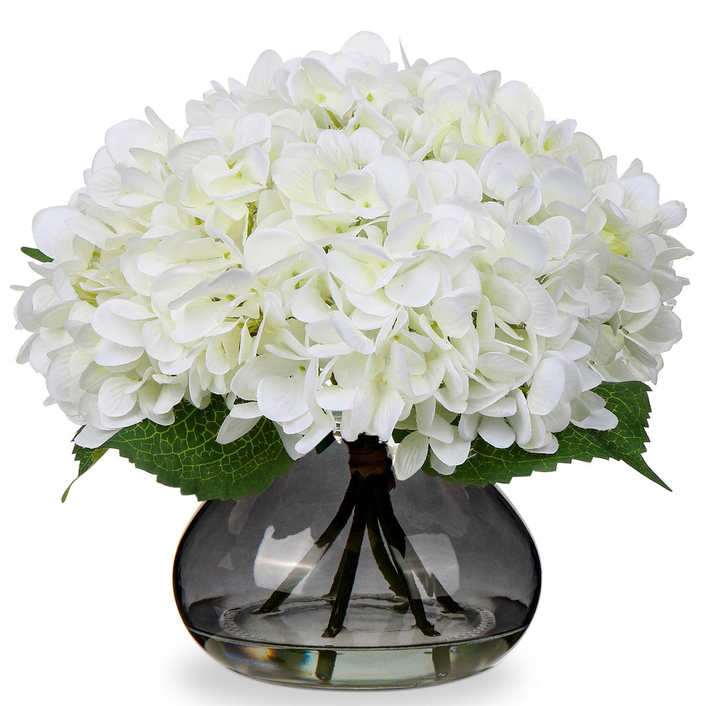 Hollyone Hydrangea Artificial Flowers with Glass Vase White Silk Faux Flowers Arrangements with Faux Water Fake Floral Bulk Bouquet for Home Decor Table Centerpiece Decorations