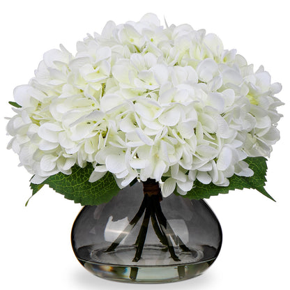 Hollyone Hydrangea Artificial Flowers with Glass Vase White Silk Faux Flowers Arrangements with Faux Water Fake Floral Bulk Bouquet for Home Decor Table Centerpiece Decorations