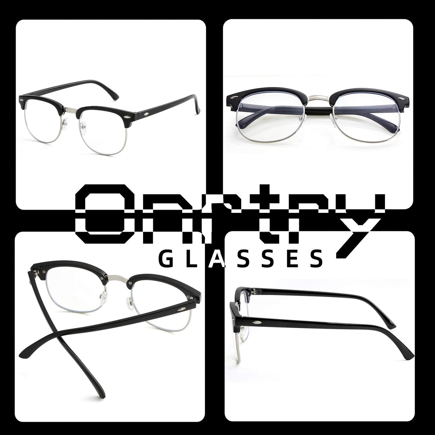 Blue Light Blocking Glasses for Women Men Classic Semi Rimless Fake Nerd Anti Blue Ray Computer Eyeglasses (Bright Black/Silver)