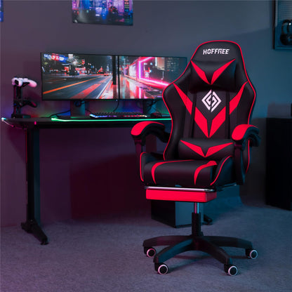 HOFFREE Massage Gaming Chair for Kids Computer Gamer Chair with Footrest and Lumbar Support Reclining PC Game Chair with Headrest for Gaming Room Red and Black