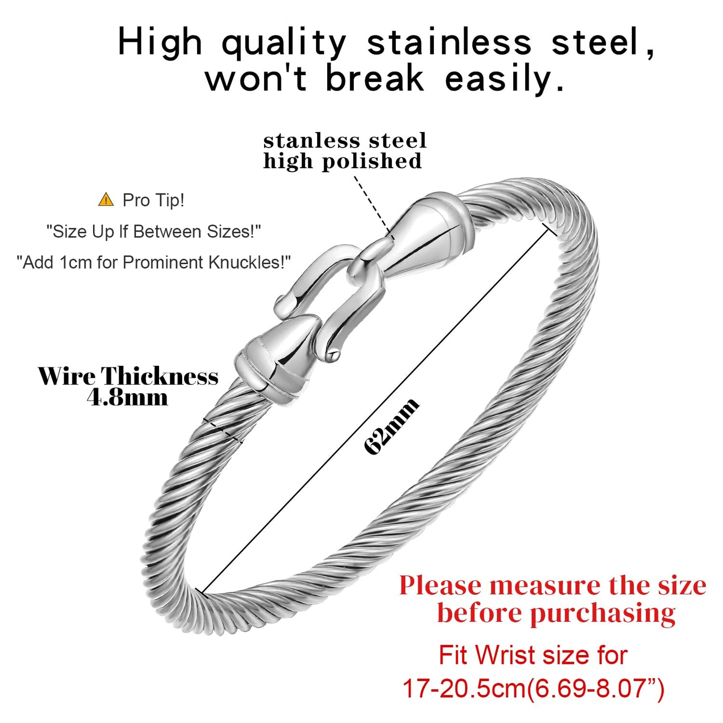 BOLAGTIER Stainless Steel Twisted Cable Wire Bracelets with Hook Adjustable Cuff Bangle Bracelet Vintage Jewelry Gift for Women (Silver, Medium)
