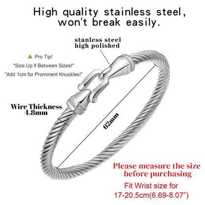 BOLAGTIER Stainless Steel Twisted Cable Wire Bracelets with Hook Adjustable Cuff Bangle Bracelet Vintage Jewelry Gift for Women (Silver, Medium)