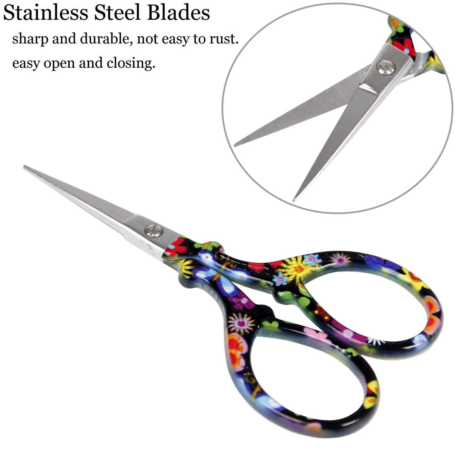 BIHRTC 3.6 Inch Embroidery Scissors - Sharp Stainless Steel Pointed Scissors for Cross Stitch, Sewing, Craft & DIY - Black Flower Design
