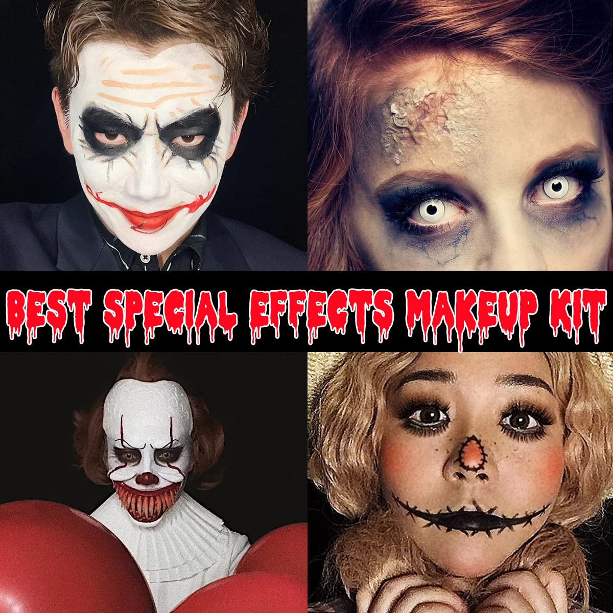 Bowitzki Halloween Makeup Kit Cream Face Paint Water Based Liquid Latex Fake Blood Brush Sponges Body Painting Special Effects SFX Zombie Vampire Monster Christmas Party red black white