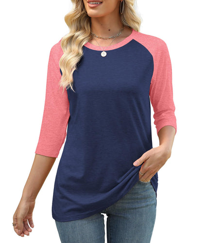 Heymiss Summer Tops for Women 3/4 Length Sleeve Tshirts Crew Neck Blouses Business Casual Navy Pink