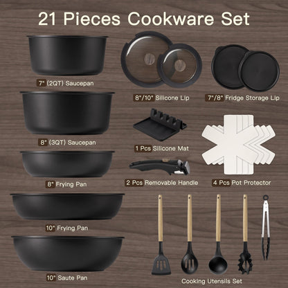 Astercook 21 Pcs Pots and Pans Set Non Stick, Ceramic Cookware Set Detachable Handle, RV Kitchen Cooking Set Removable Handles, Oven Safe, Induction Ready, Stackable Non-stick Set, Black