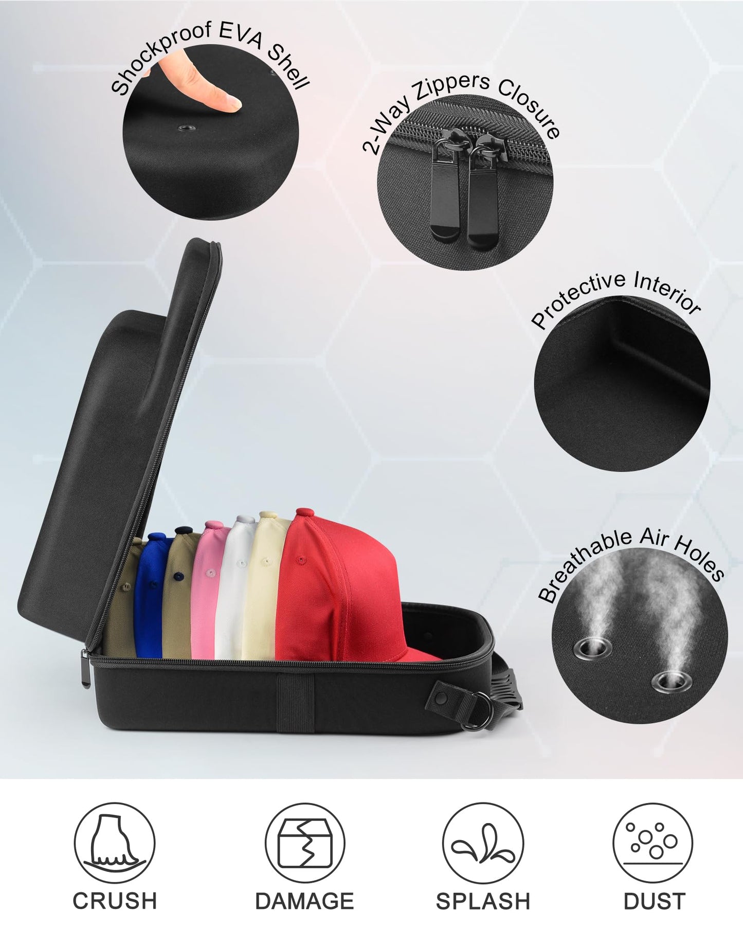 Allgawise Set of 2 Hard Hat travel Cases for Baseball Caps - Hat Storage Organizer Holder with Handle, Shoulder Strap and Trolley Sleeve, Protect up to 10 Hats for Outdoor and Home Storage, Black