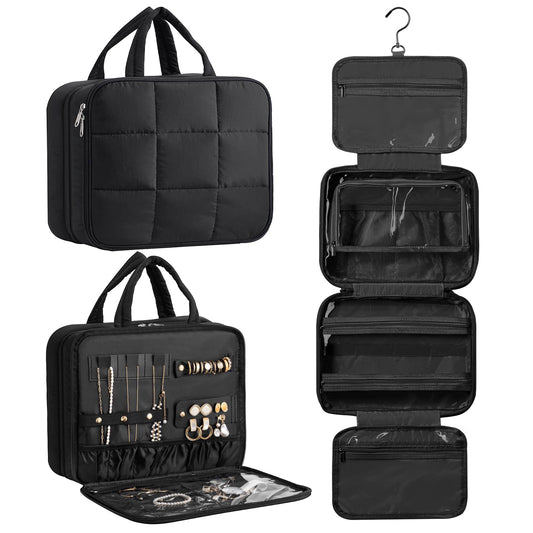 HBlife Travel Toiletry Bag with Jewelry Organizer for Women, Puffy Hanging Travel Bag for Toiletries with Trolley Belt, Waterproof Makeup Cosmetic Bag, Travel Accessories Essentials(Black, M)